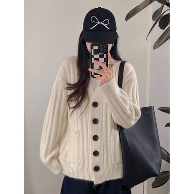 秋冬宽瘦高级感中长款针织开衫慵懒风软糯加厚v领毛衣外套女