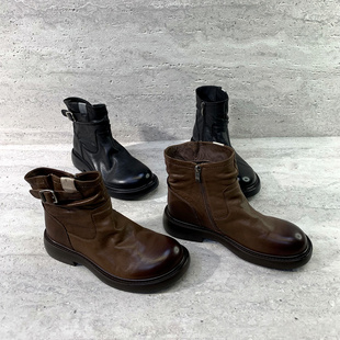 乐魔女鞋2025秋季新款欧货真皮侧拉链英伦风厚跟时尚短靴时装靴女