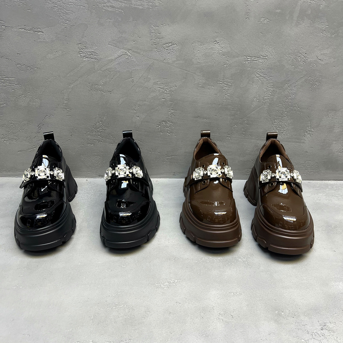 秋季水钻厚底真皮方头乐福鞋增高