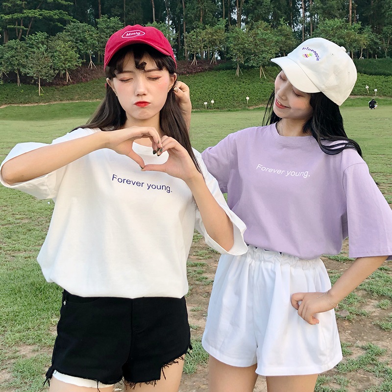 紫色闺蜜装短袖t恤女2018新款夏季韩版嘻哈hiphop怪味少女上衣潮