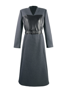 2025冬收腰连衣裙皮布拼接伦复古长款通勤HBZW800209【赠送腰带】