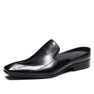 一脚蹬半拖试衣鞋 高级男拖头层牛皮方头拖鞋 男洋气字母印花穆勒鞋