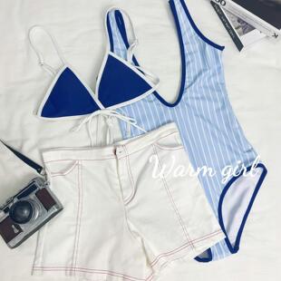 蓝白条纹简约性感显瘦连体时尚 小众个性 海岛度假风泳衣女 泰式 新款