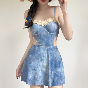 泳衣女两件套 花边牛仔面料连体裙式 新款 性感镂空美背钢托聚拢个性