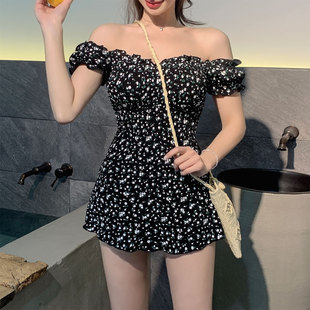 泳衣女 性感一字肩遮肚露背显瘦复古碎花连体裙式 INS韩国新款 泳装