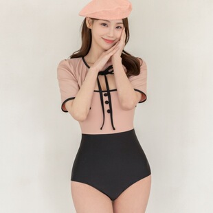 新款 ins风韩国少女小香风撞色性感高腰显瘦保守连体两件套泳衣女