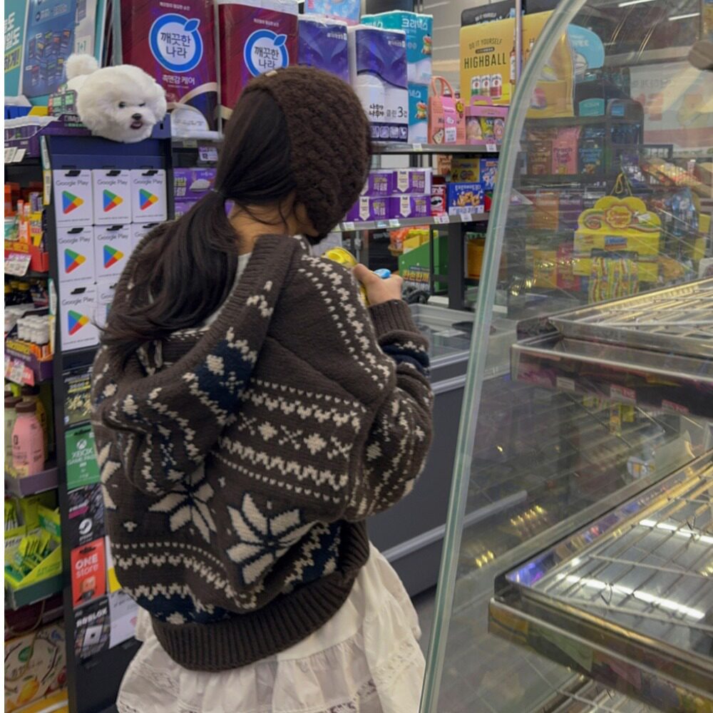 韩国撞色提花连帽毛衣针织衫外套
