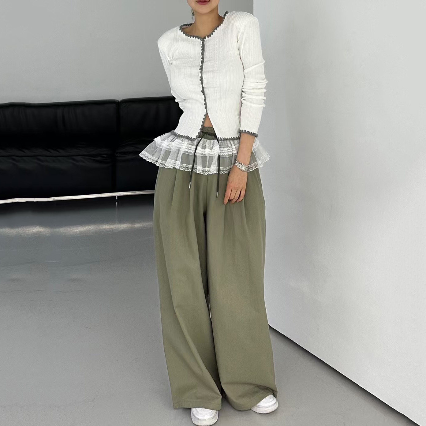 韩国蕾丝花边束脚阔腿休闲裤女