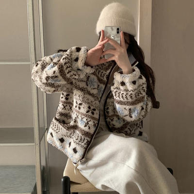 韩国立领羊羔毛宽松拉链保暖外套