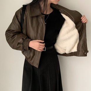 韩国东大门高级感气质拉链翻领宽松百搭加绒短款皮衣外套女夹克
