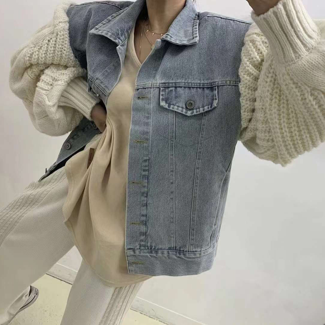 韩国东大门2024冬装时髦帅气针织麻花袖子拼接宽松牛仔外套女夹克
