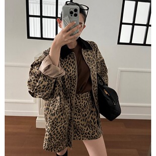 韩国东大门2026新款复古翻领豹纹拉链夹克外套+高腰半身裤裙套装
