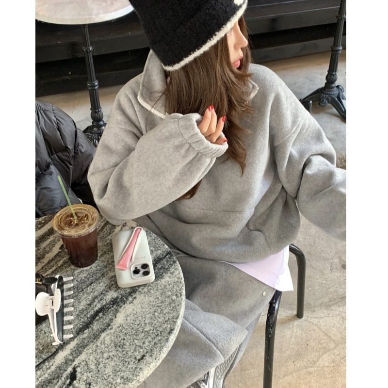 韩国东大门宽松立领绒面半拉链套头卫衣外套女+休闲纯色卫裤套装