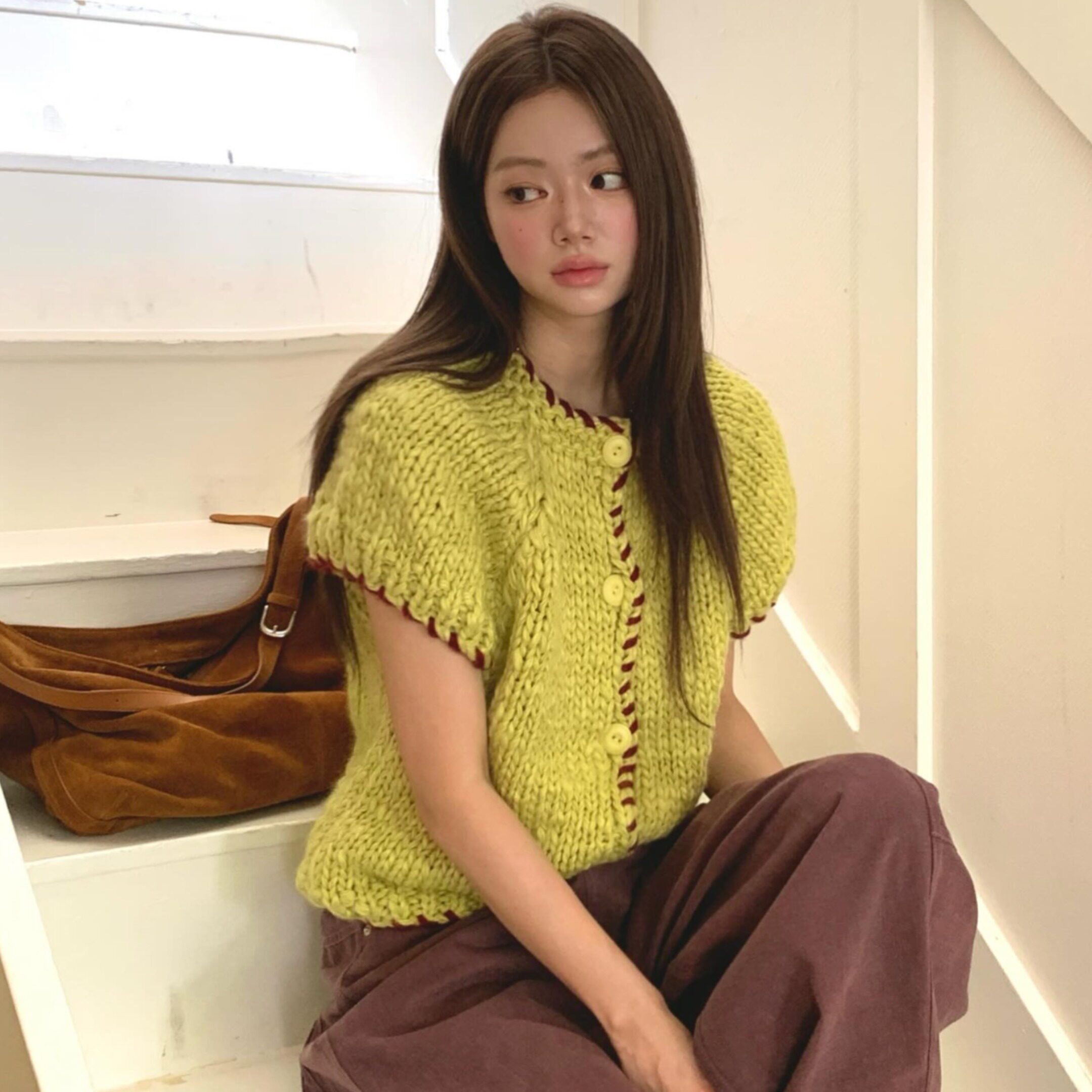 韩国撞色显白粗针针织毛衣开衫女