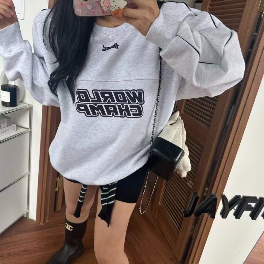 韩国东大门秋冬懒惰风圆领宽松显瘦字母印花休闲长袖套头卫衣女