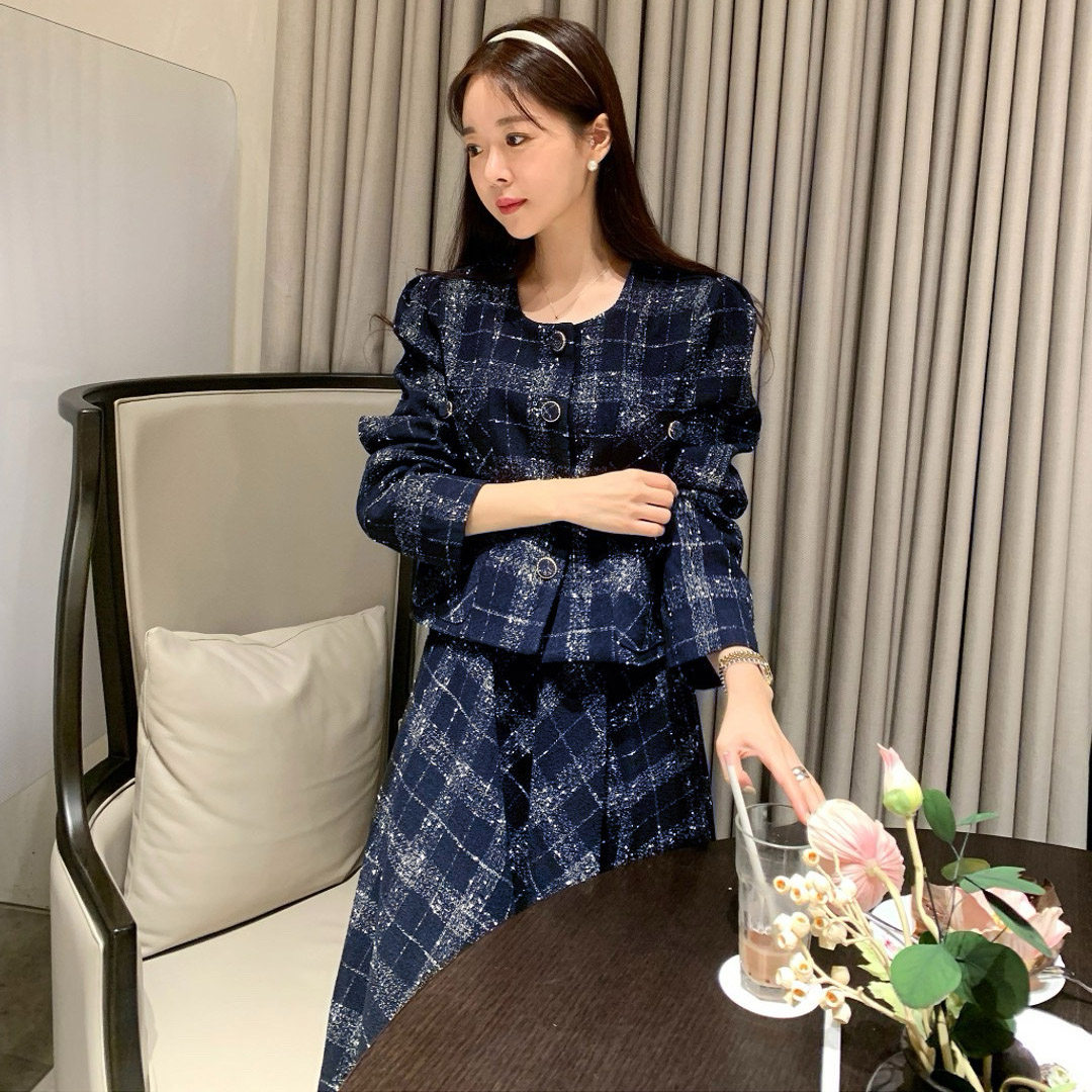 韩国小香风格纹粗花呢外套半身裙