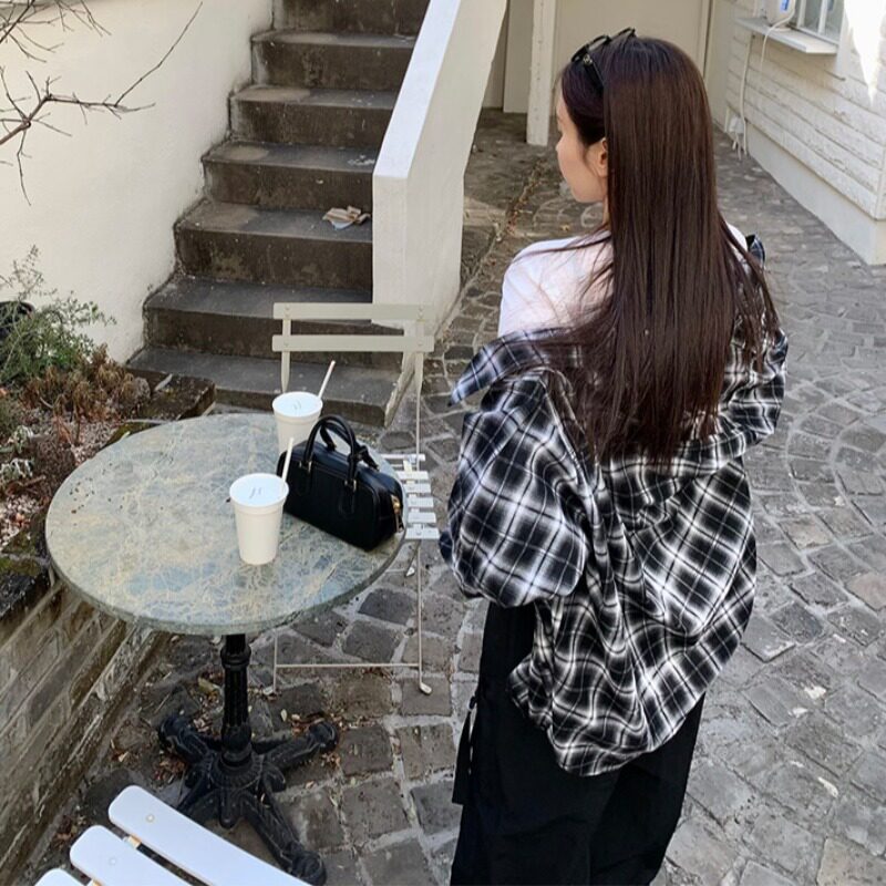 韩国宽松撞色格纹休闲衬衫女