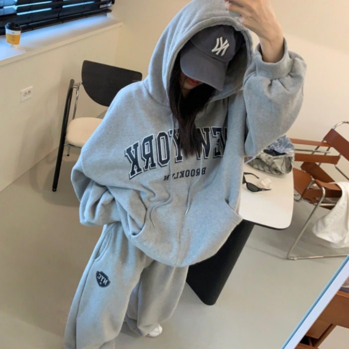 韩国东大门慵懒风宽松连帽字母印花加绒卫衣卫裤时尚休闲运动套装