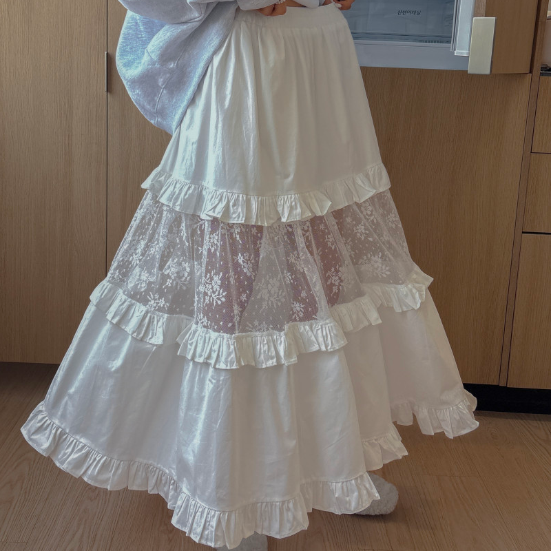 韩国东大门设计感木耳边蕾丝网纱拼接蛋糕长裙松紧腰伞裙女半身裙