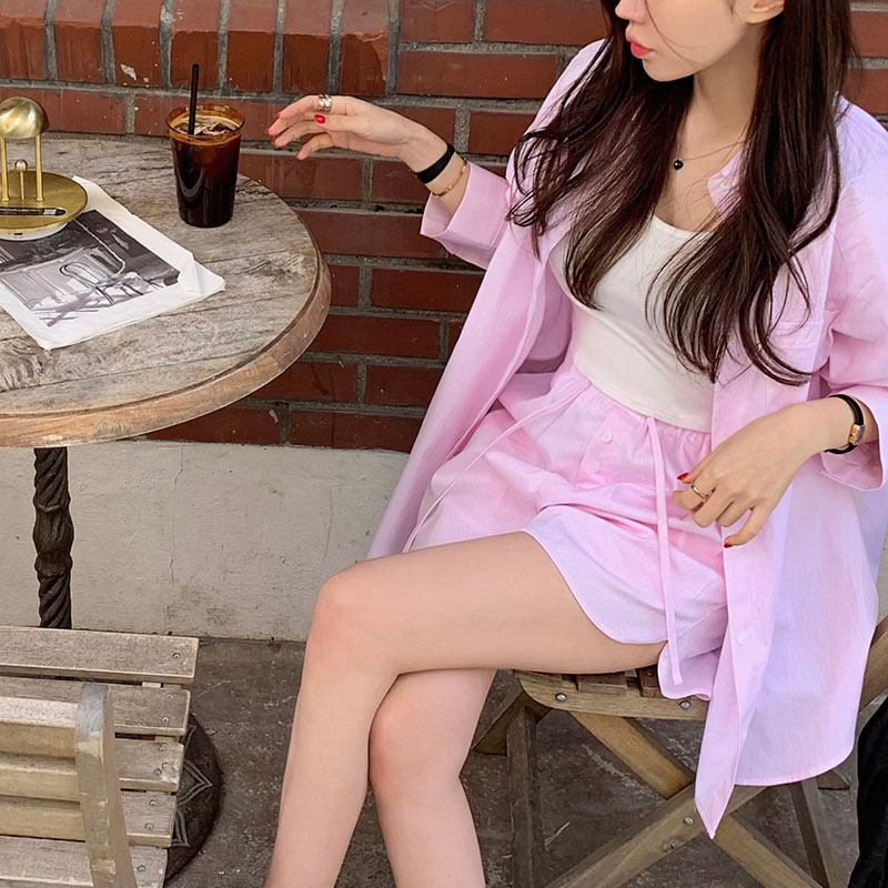 韩国条纹防晒衬衫女+休闲短裤