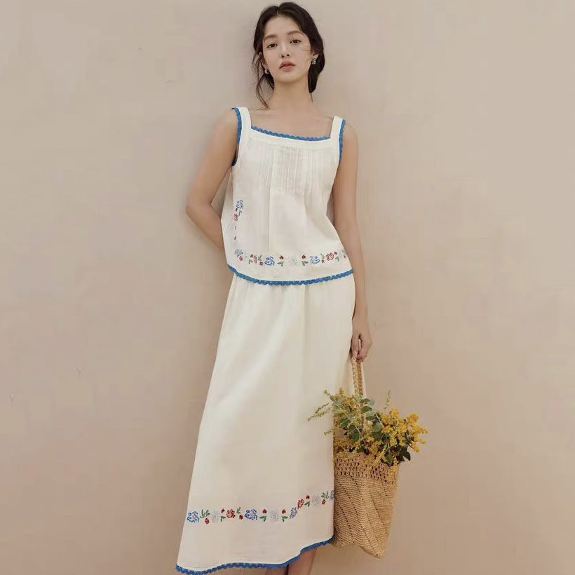 韩国东大门撞色刺绣压褶无袖棉麻背心衬衫+高腰花边半身裙套装女