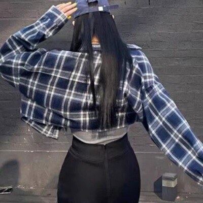 韩国复古翻领长袖格子短款衬衫女