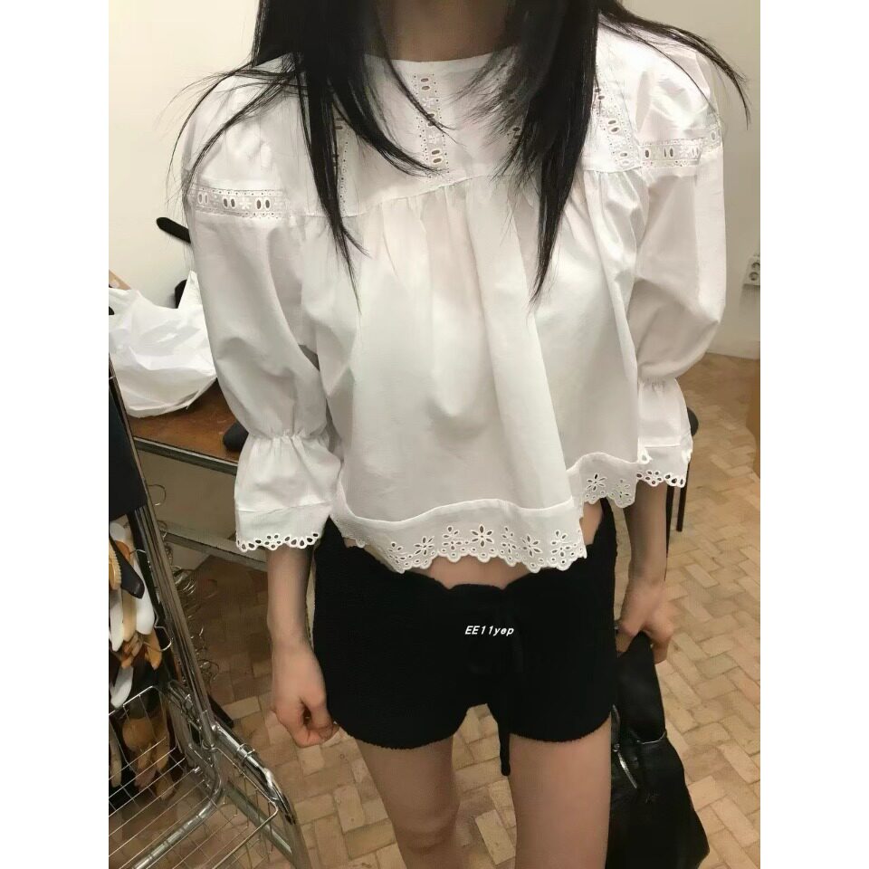 韩国两穿法蕾丝花边系带长袖衬衫