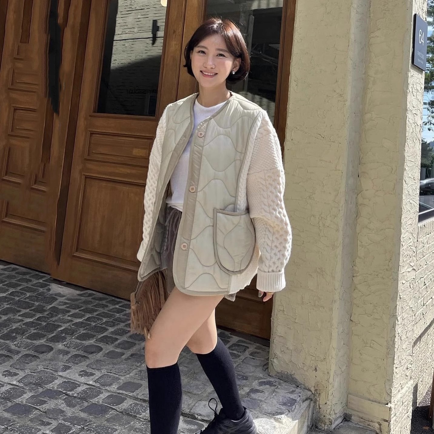韩国复古毛衣拼接棉服外套