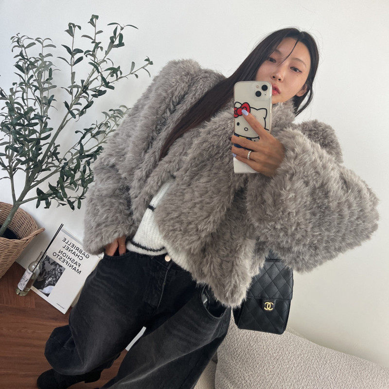 韩国泡泡袖毛绒绒大衣皮草外套女