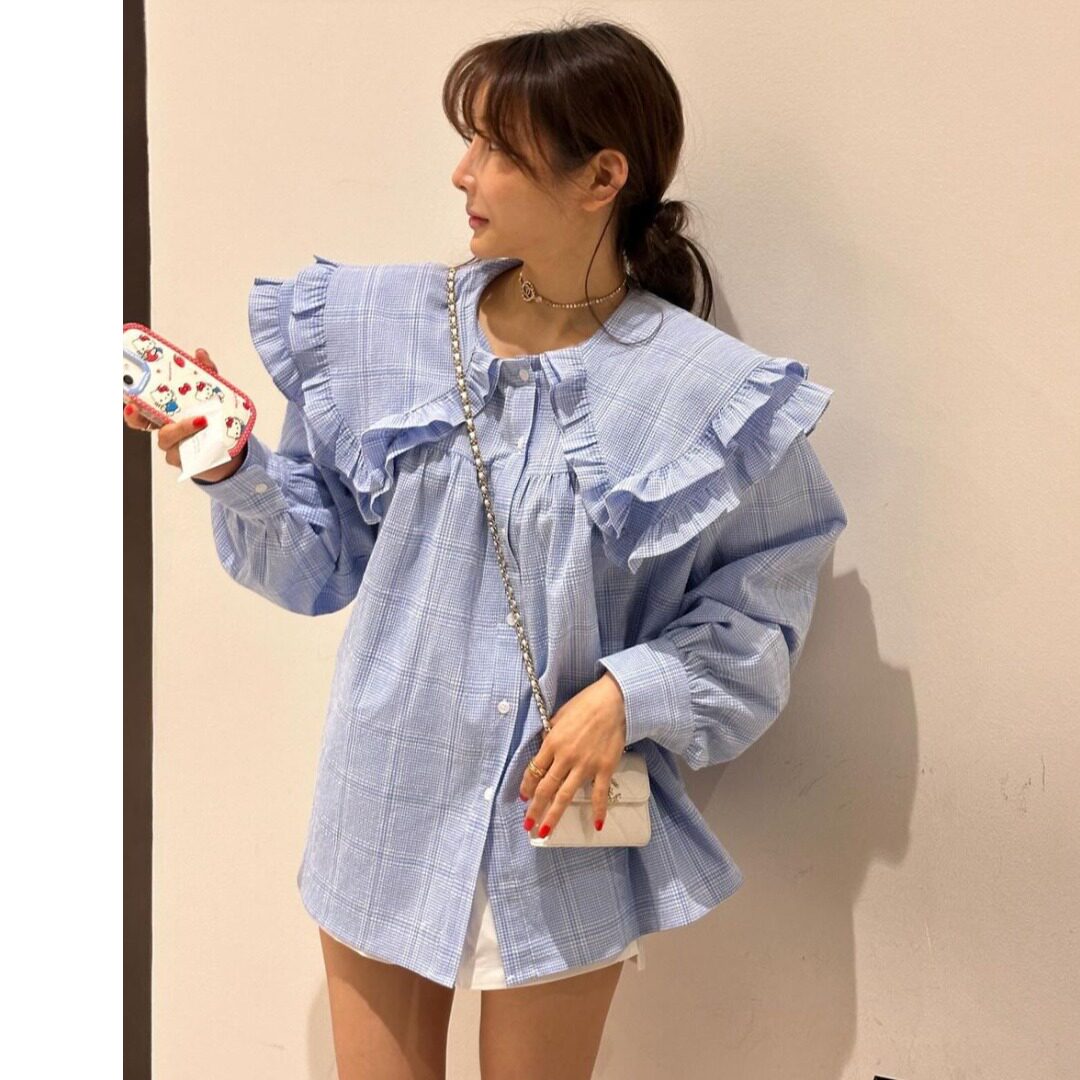 韩国甜美格纹娃娃领衬衫