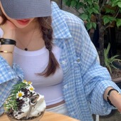 韩国东大门宽松百搭翻领长袖 复古休闲系扣小格子防晒衬衫 上衣女春