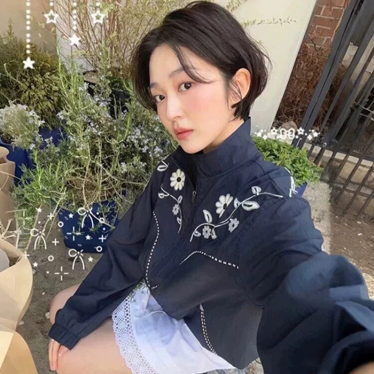 韩国立领花卉刺绣拉链风衣外套女