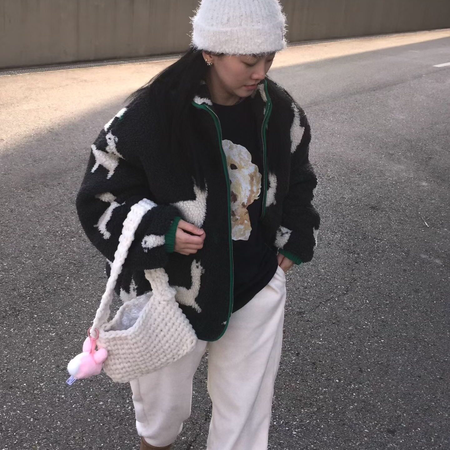 韩国卡通提花羊羔毛夹棉外套
