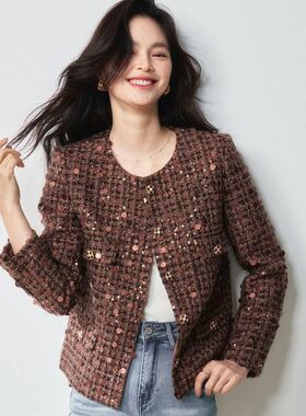 25早春新款韩版名媛重复古咖色亮片小香风短款上衣外套女22618