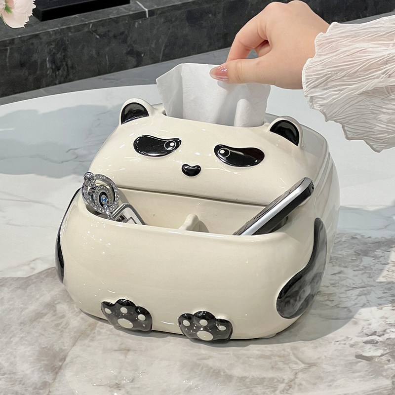 熊猫纸巾盒套装客厅创意多功能遥控器收纳盒子茶几家用抽纸盒陶瓷