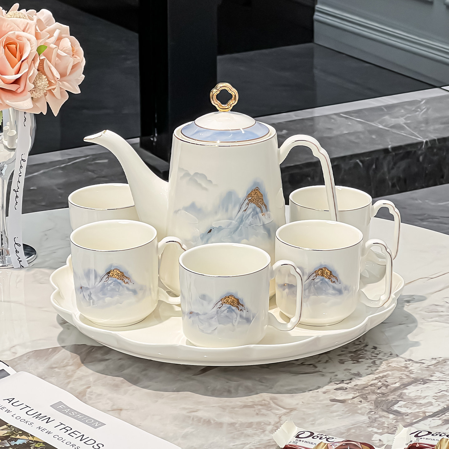 日照金山高档轻奢茶具套装水杯家用客厅茶杯陶瓷中国风乔迁送礼盒