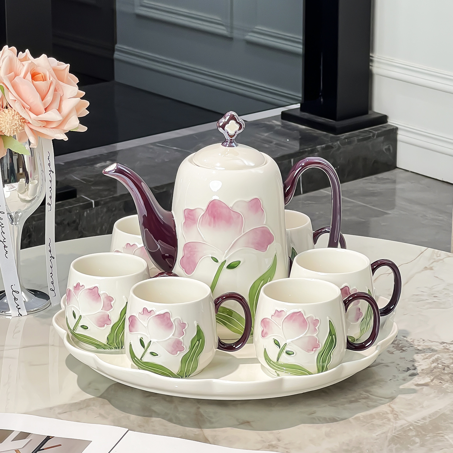 轻奢高档荷韵陶瓷茶具家用套装水杯茶壶乔迁搬新家新居礼盒送长辈