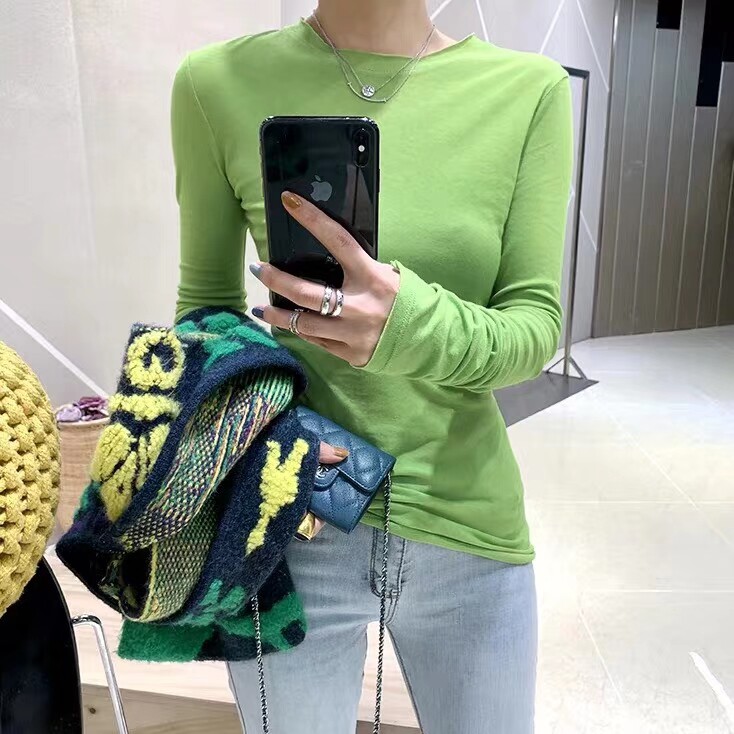 闰熙runxi春秋纯棉彩色桔色长袖修身显瘦打底衫圆领t恤衫女1248