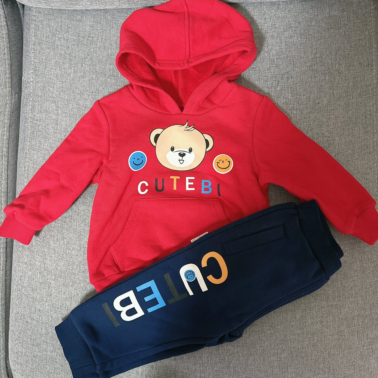 专柜正品Cutebi Wear儿童针织运动套装男童加绒戴帽套头卫衣+卫裤