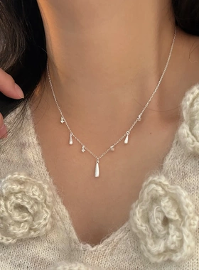 S925纯银水滴锆石项链流苏锁骨链