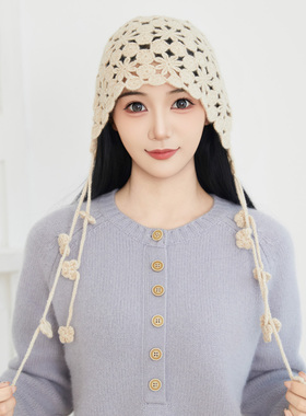 100%山羊绒手工编织钩花包头帽女流苏针织帽显脸小民族风镂空帽子