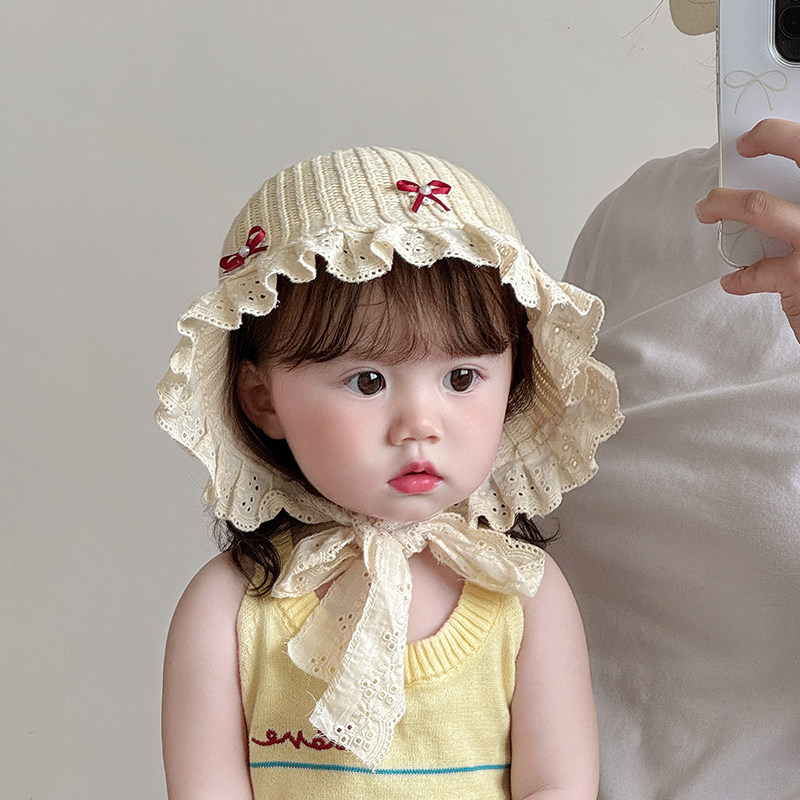 女宝宝帽子夏季甜美蕾丝女童遮阳渔夫帽出游防晒儿童草帽公主帽潮