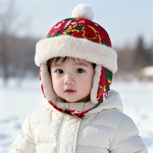 宝宝帽子秋冬季新年东北大花儿童雷锋帽保暖防寒男女童护耳帽喜庆