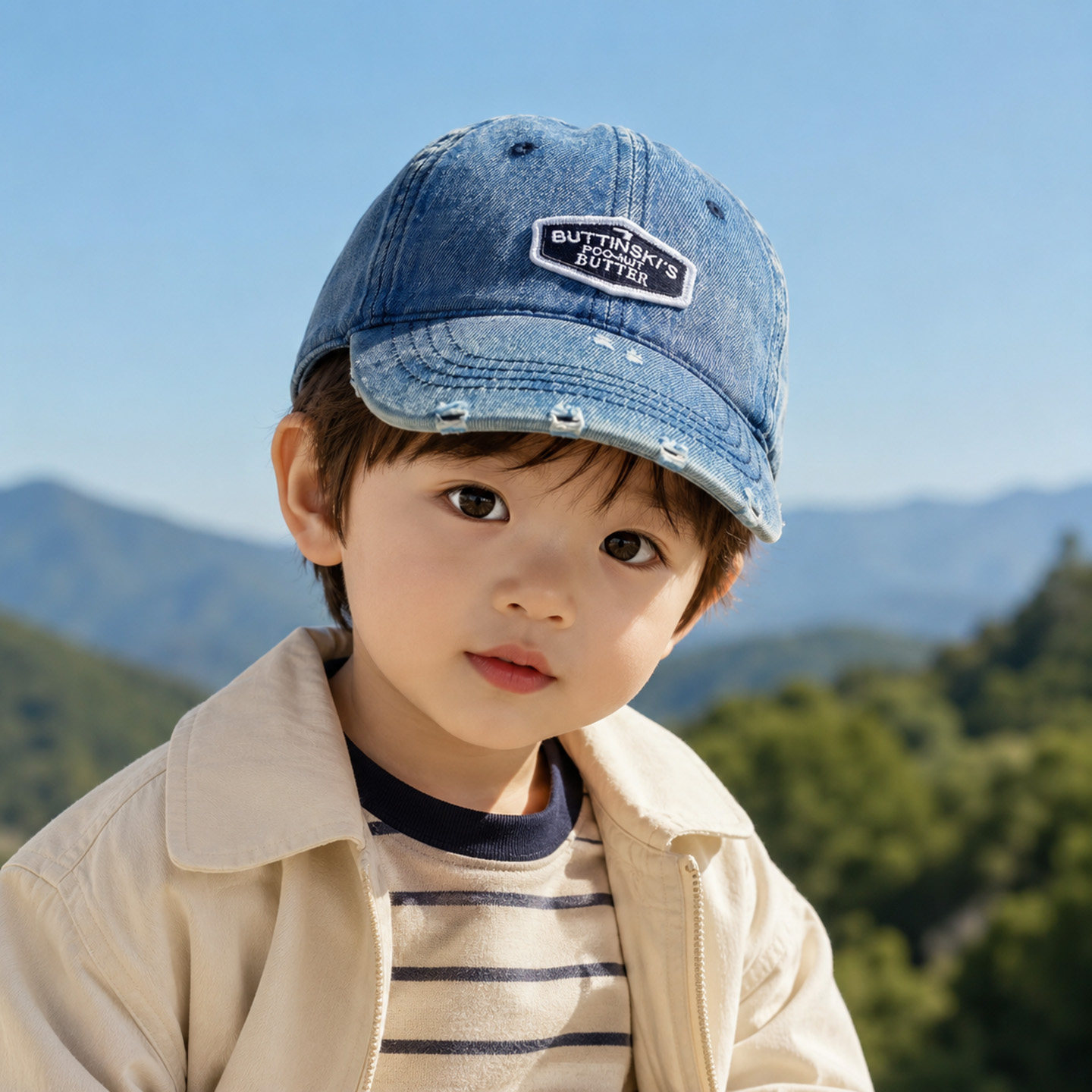 儿童牛仔棒球帽春秋男童帽子复古水洗贴标破洞遮阳女孩鸭舌帽出游