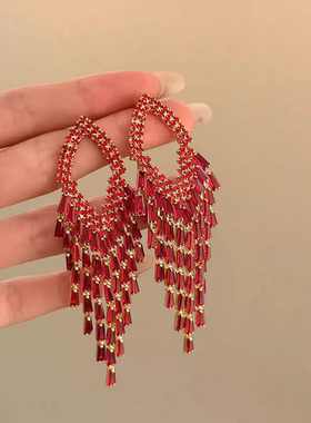 2026新款爆款轻奢高级感耳饰红色锆石流苏耳钉多戴设计气质耳环女