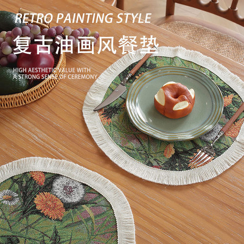 美式乡村复古ins油画风餐垫流苏餐布隔热防烫锅垫餐桌布艺装饰垫
