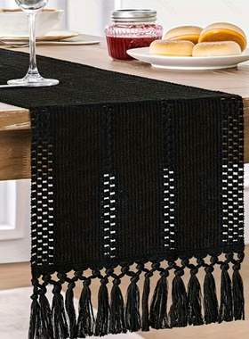 现代简约长条流苏桌旗黑色纯色编织茶旗电视柜餐桌婚礼装饰品盖巾