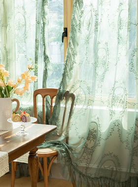法式复古窗帘纱帘绿色蕾丝门帘纱客厅卧室高级感飘窗窗纱隔断帘