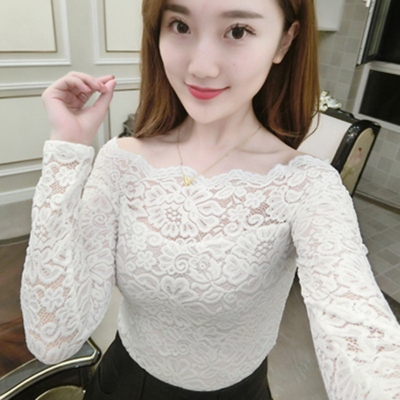 春秋新款蕾丝上衣长七分袖一字领打底衫女性感修身显瘦百搭蕾丝衫