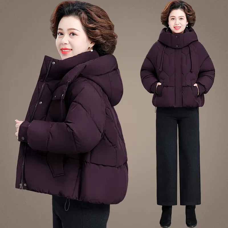 妈妈冬装紫色连帽加厚保暖棉服